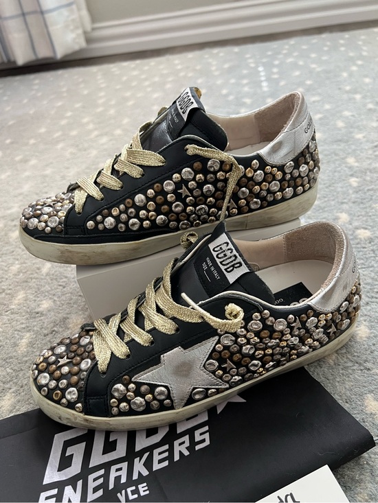 Golden Goose Shoes - Golden Goose Black Leather Studded Sneakers with Silver Star and Gold Laces